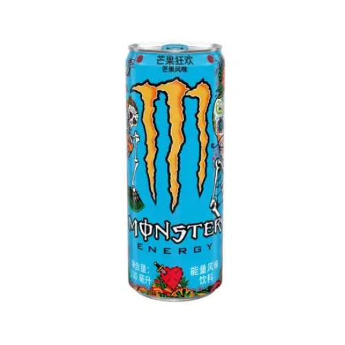 Front of Monster Energy Mango Loco can featuring bright blue design, mango flavour details, and logo with 330ml size.
