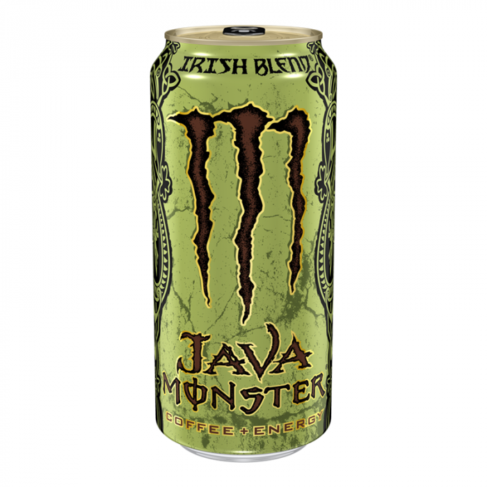 Front of Monster Java Irish Blend can featuring the logo, vibrant green design, and coffee flavour label (443ml pack)