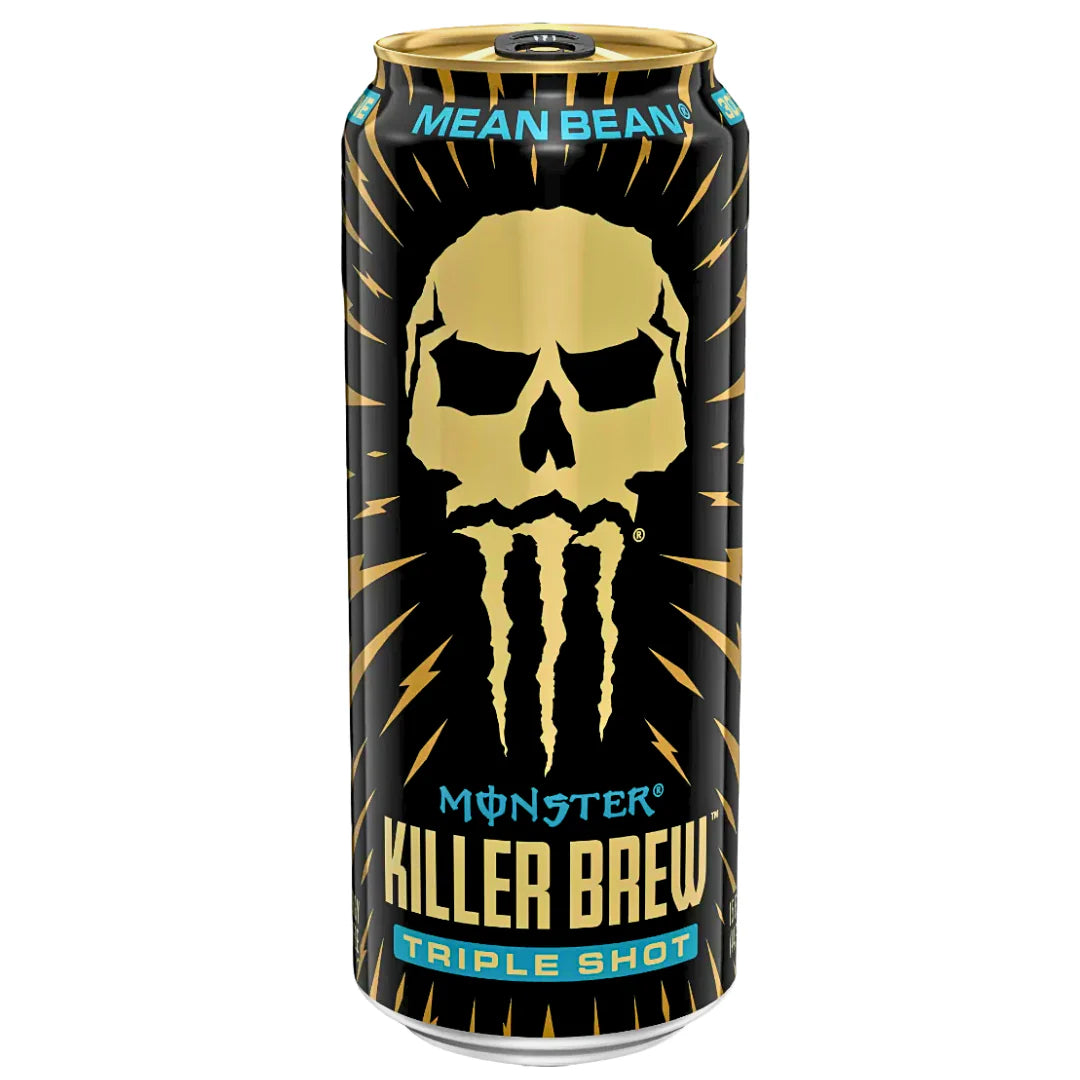 Front of Monster Killer Brew Triple Shot Mean Bean can featuring a skull logo, mean bean label, and bold energy design (443ml)