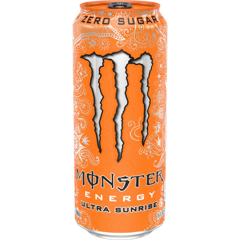 Front of Monster Ultra Sunrise 473ml can showcasing vibrant orange design with logo and energy drink details.