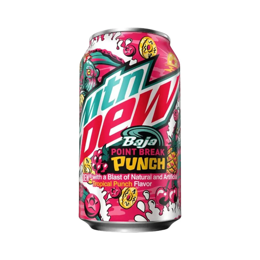 Front of Mountain Dew Baja Point Break Punch can showing vibrant logo, tropical punch flavour details, and bright artwork (355ml)