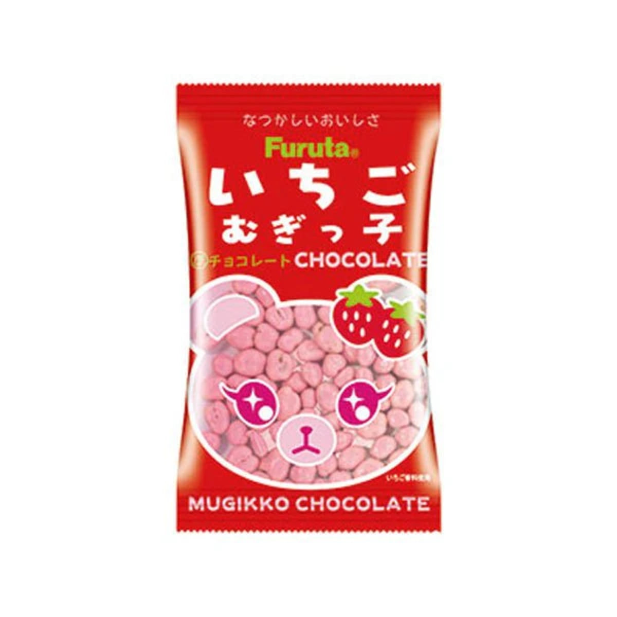 Front of a red bag of Furuta Mugikko Strawberry Chocolate Drops showing logo, bear design, and strawberry-themed graphics (11g pack)