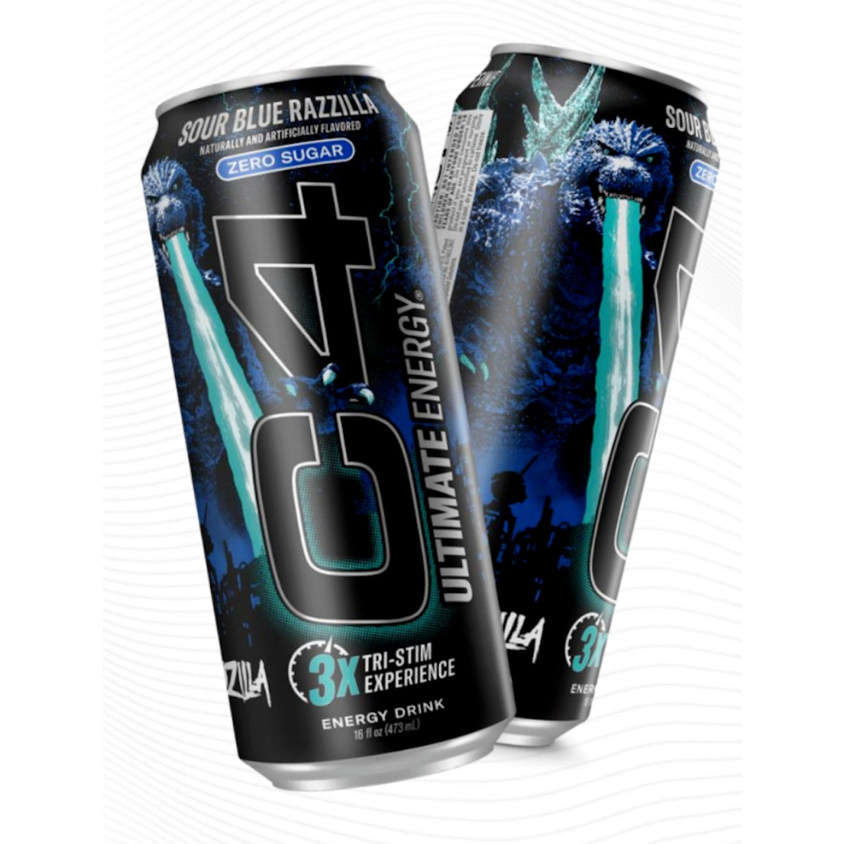 Front of C4 Zero Sugar Sour Blue Razzilla Energy Drink can featuring vibrant blue raspberry design and 473ml size