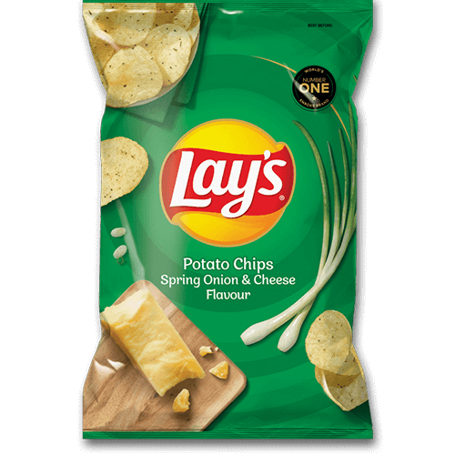 Front of a green bag of Lay's Spring Onion & Cheese showing logo, spring onion, cheese piece, and potato chips (36g pack)