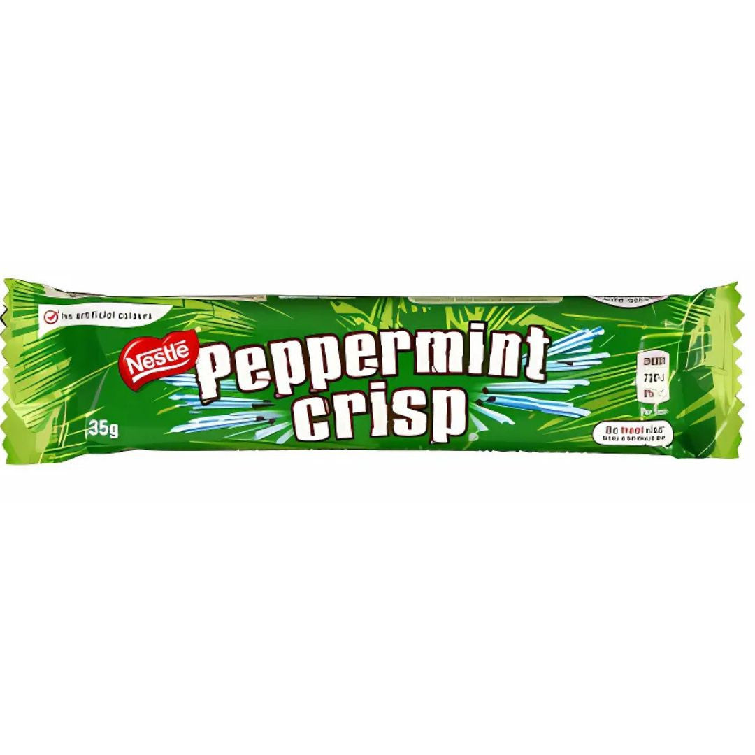 Front of Nestle Peppermint Crisp wrapper showing vibrant green design, logo, and product name along with 35g pack size.