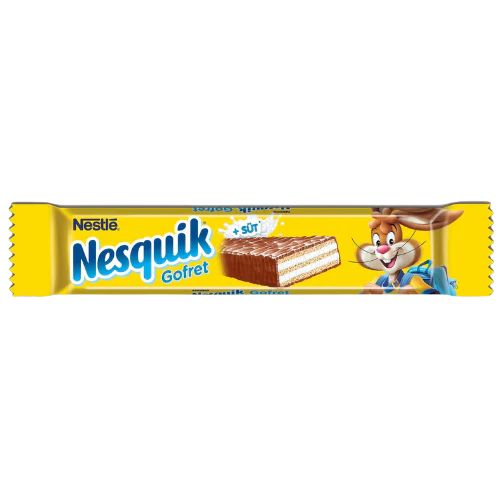 Front of Nesquik Milk Chocolate Wafer packaging featuring the logo, image of the wafer, and yellow background (26g pack)