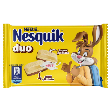 Front of Nesquik Duo Milk & White Chocolate Bar featuring the Nesquik logo, milk and white chocolate images, and 70g pack size