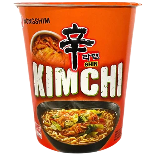 Front of Nongshim Shin Kimchi Ramen Cup showing the logo, vibrant orange colour, and image of kimchi ramen (75g cup)