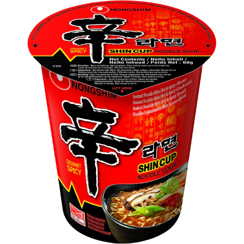 Front of Nongshim Shin Noodle Soup Ramen Cup showing bold logo, spicy flavour label, and image of noodles and soup (68g cup)