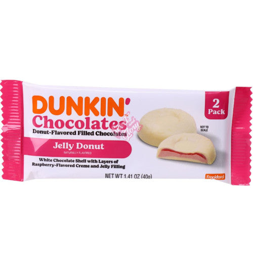 Front of Dunkin Chocolates Jelly Donut wrapper showing white chocolate shell with raspberry filling, product name, and 40g pack size.