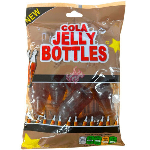Front of Cola Jelly Bottles bag featuring bright label with cola bottle shapes, showing 280g pack size.