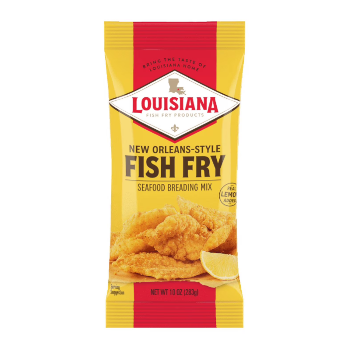Front of Louisiana New Orleans-Style Lemon Fish Fry Breading Mix packet showing bright yellow packaging, logo, and image of fried fish (283g)