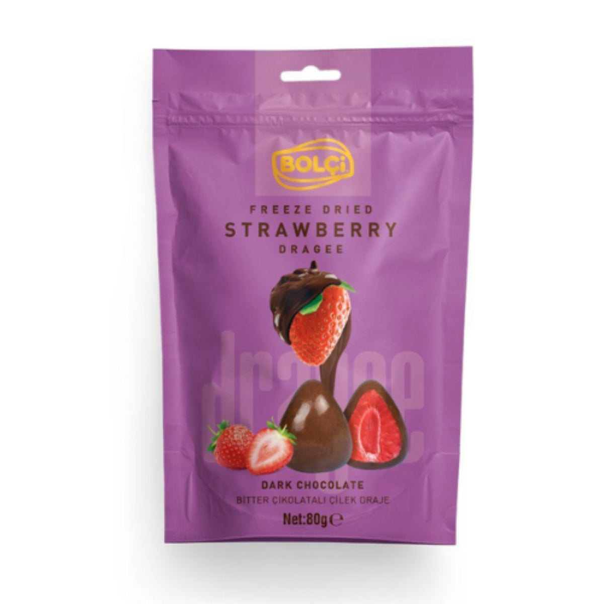 Front of Bolci Freeze Dried Dark Chocolate Strawberry pack showing vibrant purple packaging, logo, and freeze-dried strawberries coated in dark chocolate (80g)