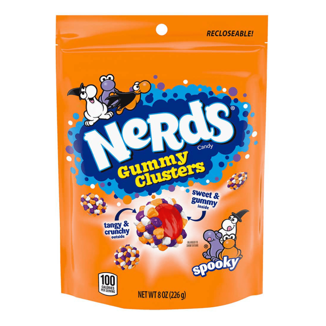 Front of Nerds Gummy Clusters Halloween Spooky bag displaying vibrant orange colour, tangy and crunchy description, and 226g pack size