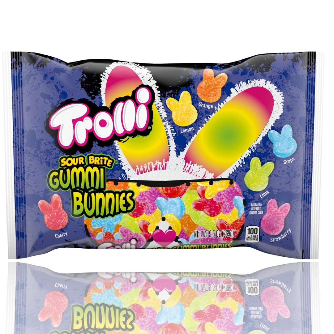 Front of Trolli Sour Brite Gummi Bunnies pack featuring colourful gummy bunnies, brand logo, and 269g label