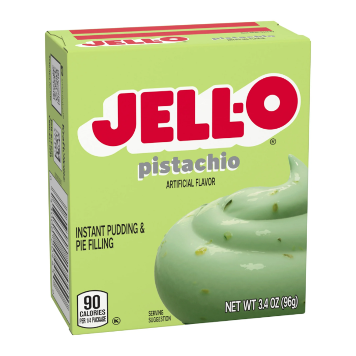 Front of Jell-O Pistachio Pudding Instant Mix box showing the logo, pistachio flavour label, and creamy pudding image (96g pack)