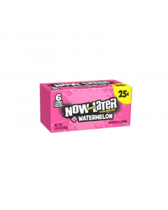 Front of Now & Later Watermelon Fruit Chews box featuring a pink design, watermelon flavour label, and 26g pack size