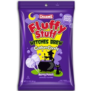 Front of Charms Fluffy Stuff Witches Brew Cotton Candy bag featuring a vibrant purple design with a witch, cauldron, and berry punch details (60g)