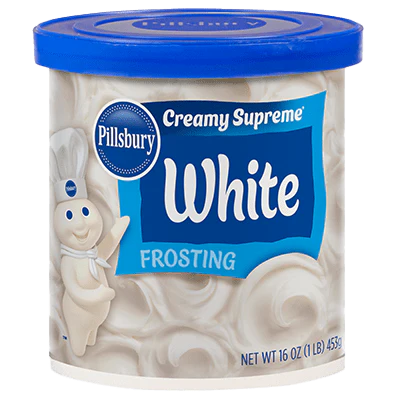 Front of Pillsbury Creamy White Frosting tub showing the logo, creamy white texture, and 453g pack size.