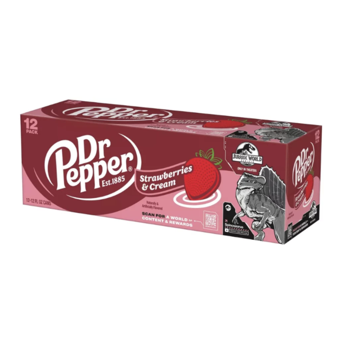 Front of Dr Pepper Strawberries & Cream 12 pack showing logo, strawberry and cream flavour label, and Jurassic World branding