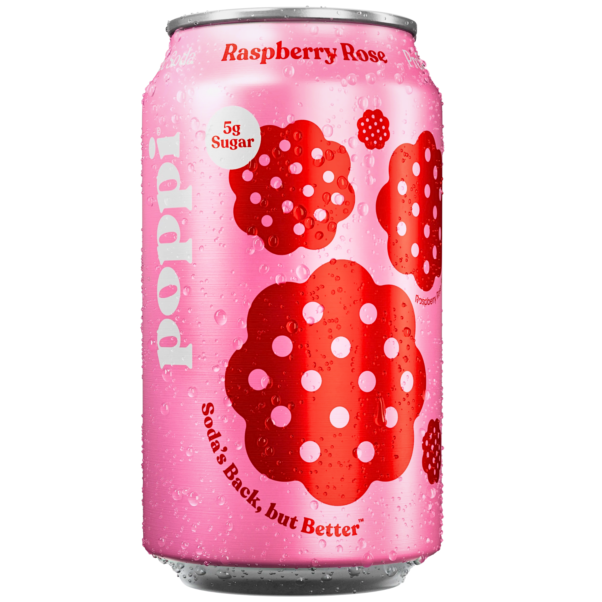 Front of Poppi Raspberry Rose Prebiotic Soda can showcasing pink design, raspberry rose flavour, and 355ml size.