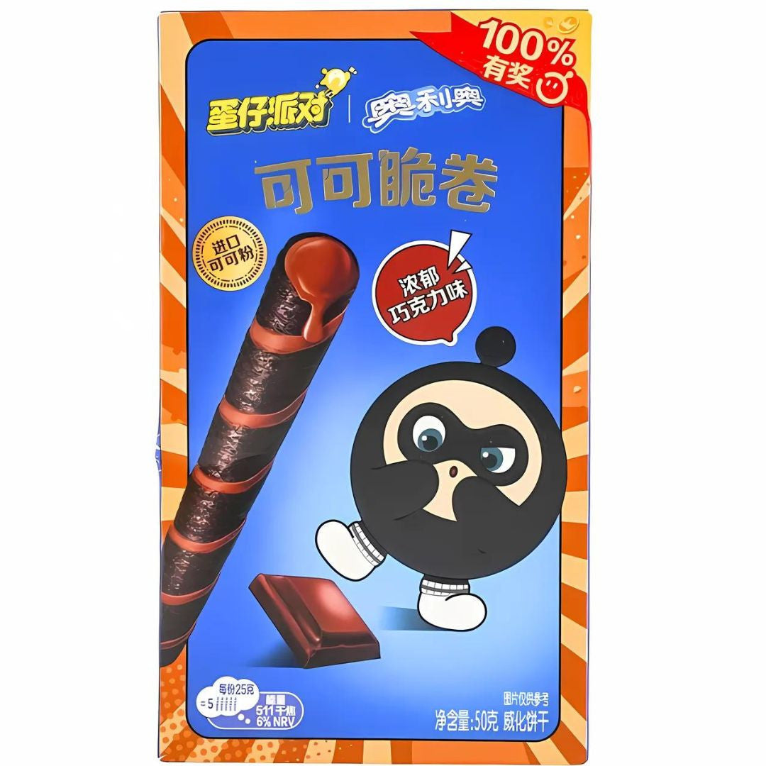 Front of Oreo Crispy Roll Chocolate packaging featuring a playful character, crispy chocolate rolls, and 50g pack size