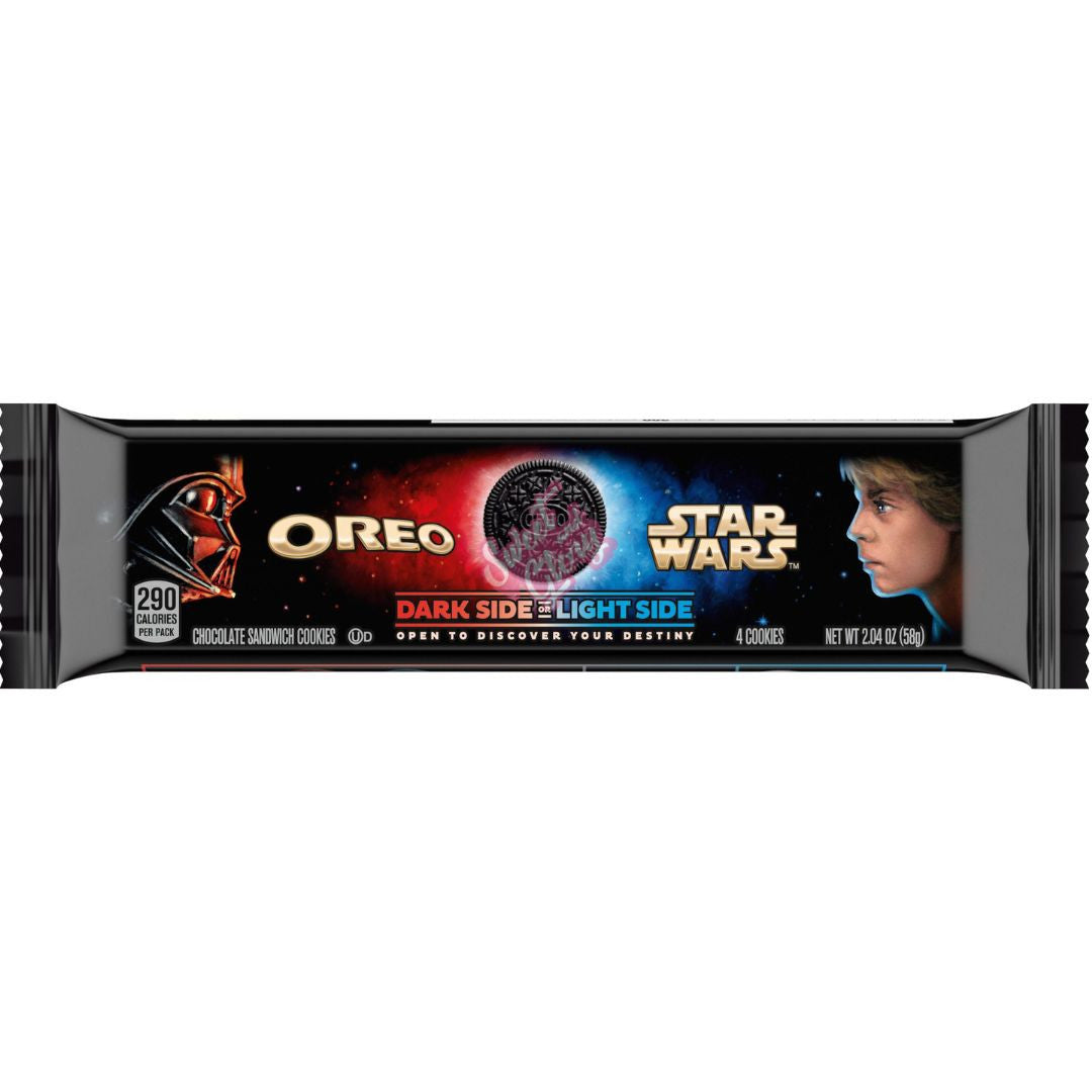 Front of Oreo Star Wars cookie pack featuring the iconic logo, chocolate sandwich cookies design, and character images (58g pack)