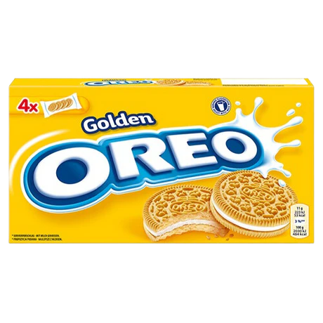 Front of Oreo Golden package showing the logo, creamy vanilla flavour cookies, and pack size (176g)