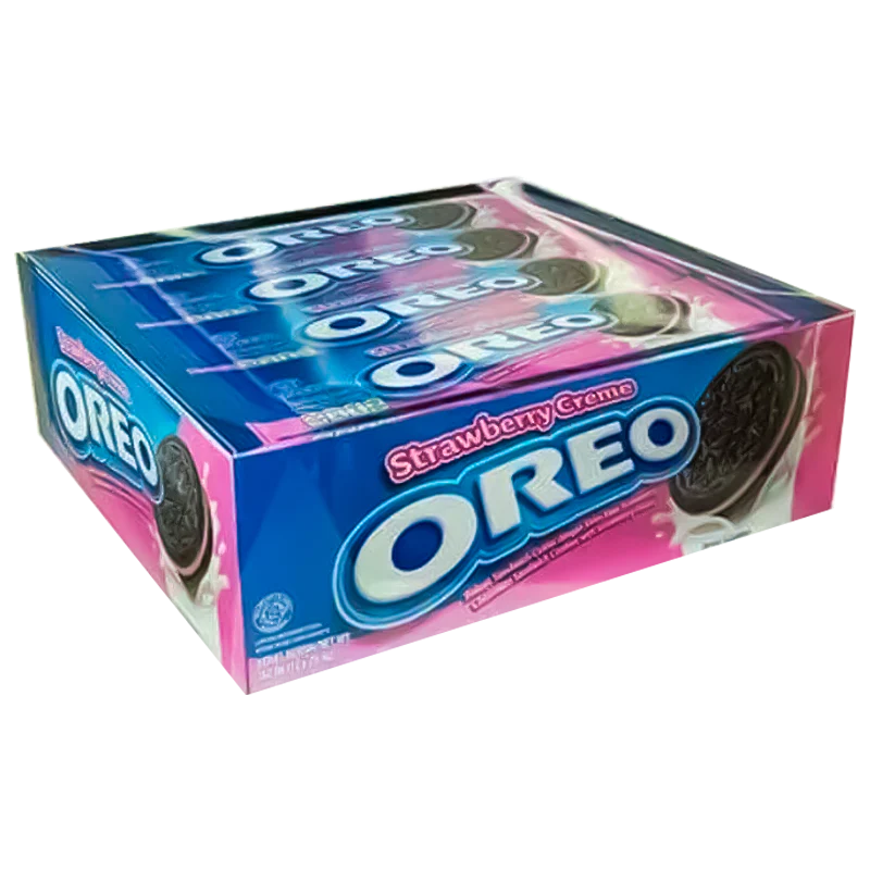 Front of Oreo Strawberry 36 Pack showing blue and pink packaging with Oreo logo and strawberry cream filling visual.