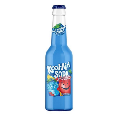Front label of Kool Aid Blue Raspberry Lemonade (355ml), displaying flavour and branding.