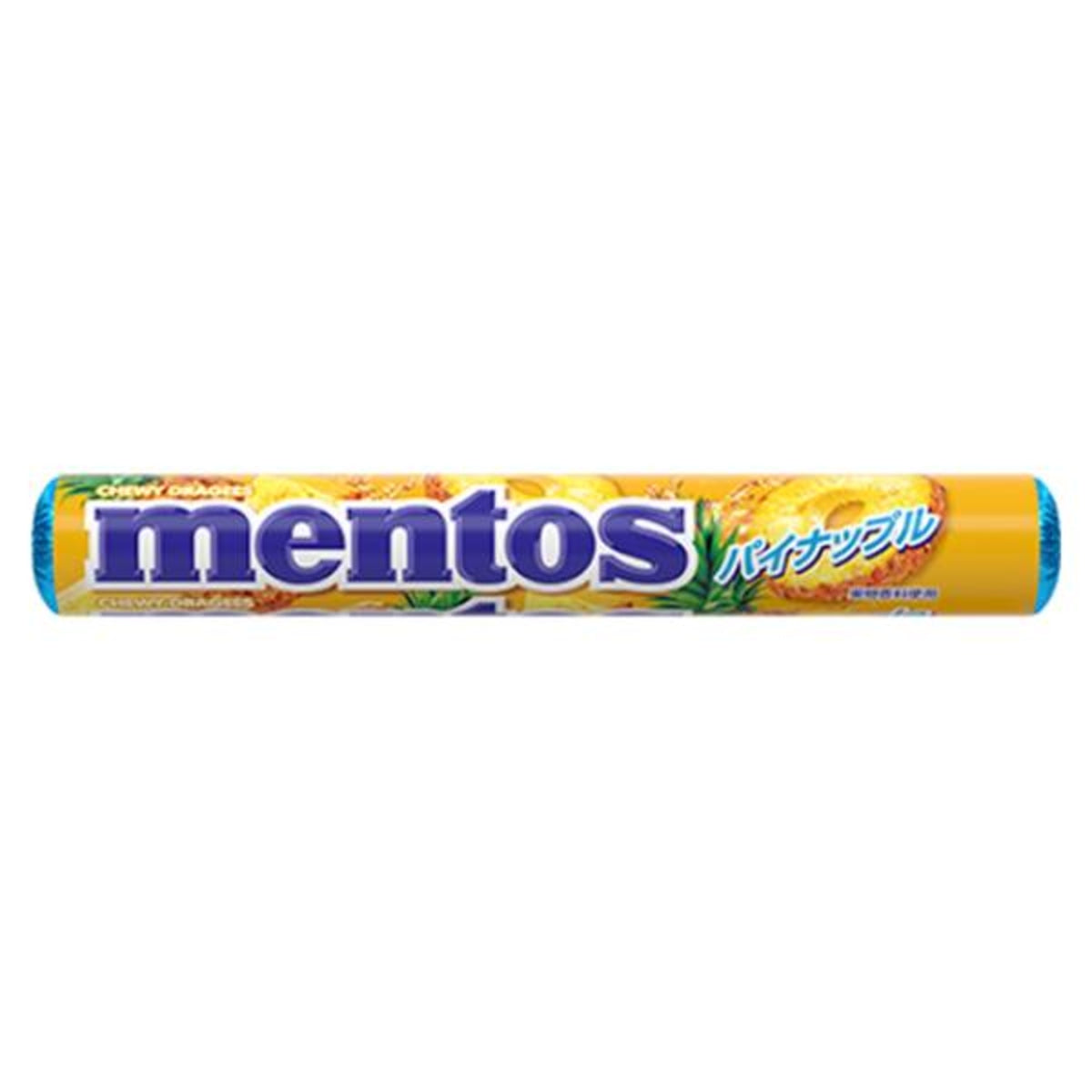 Front of Mentos Pineapple roll showing the logo, vibrant pineapple-themed design, and chewy mint candy (37g pack)