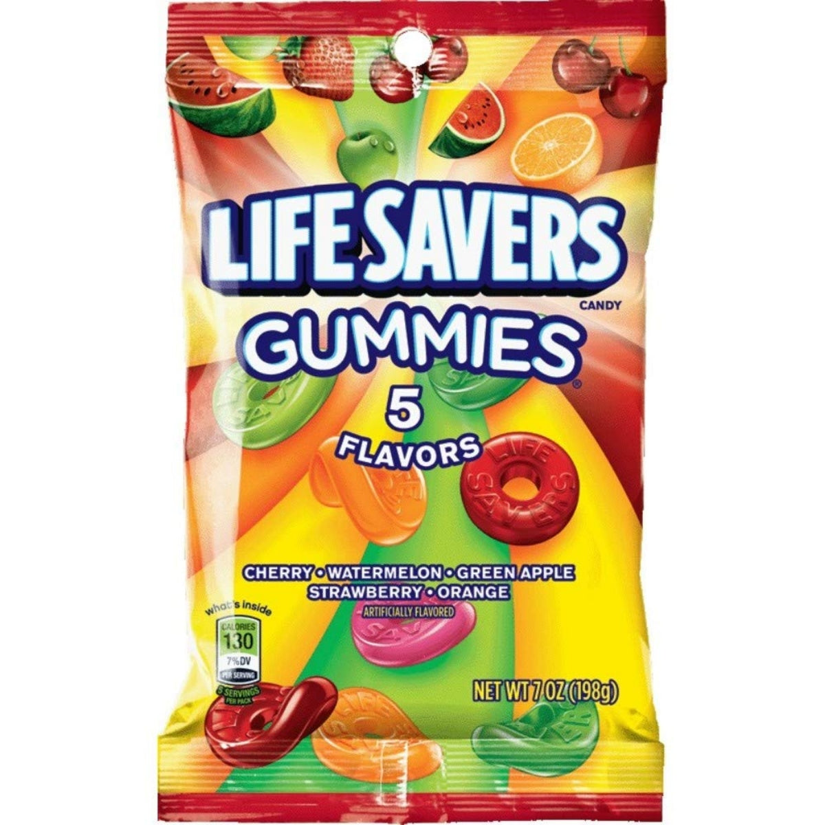 Front of Life Savers Gummies 5 Flavour pack showing colourful gummy candies and logo on a bright background (198g)