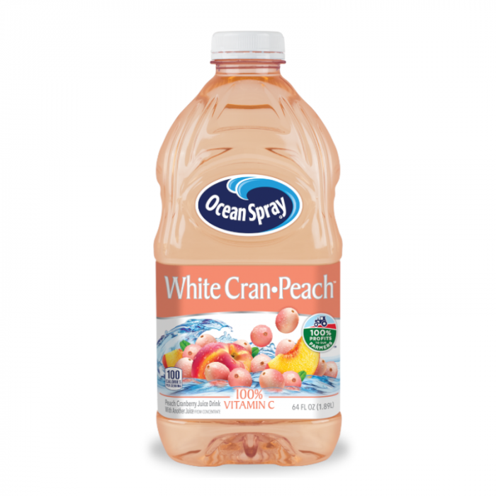 Front of Ocean Spray White Cran-Peach Juice bottle showing brand logo, peach and cranberry flavour illustration, and 1.89-litre pack size.