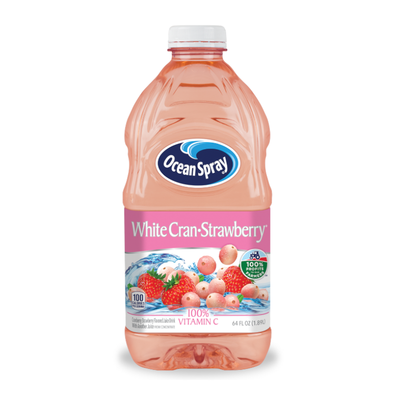 Front of Ocean Spray White Cran-Strawberry Juice bottle displaying logo, juice flavour label, and vibrant strawberry and cranberry imagery (1.89 litre)