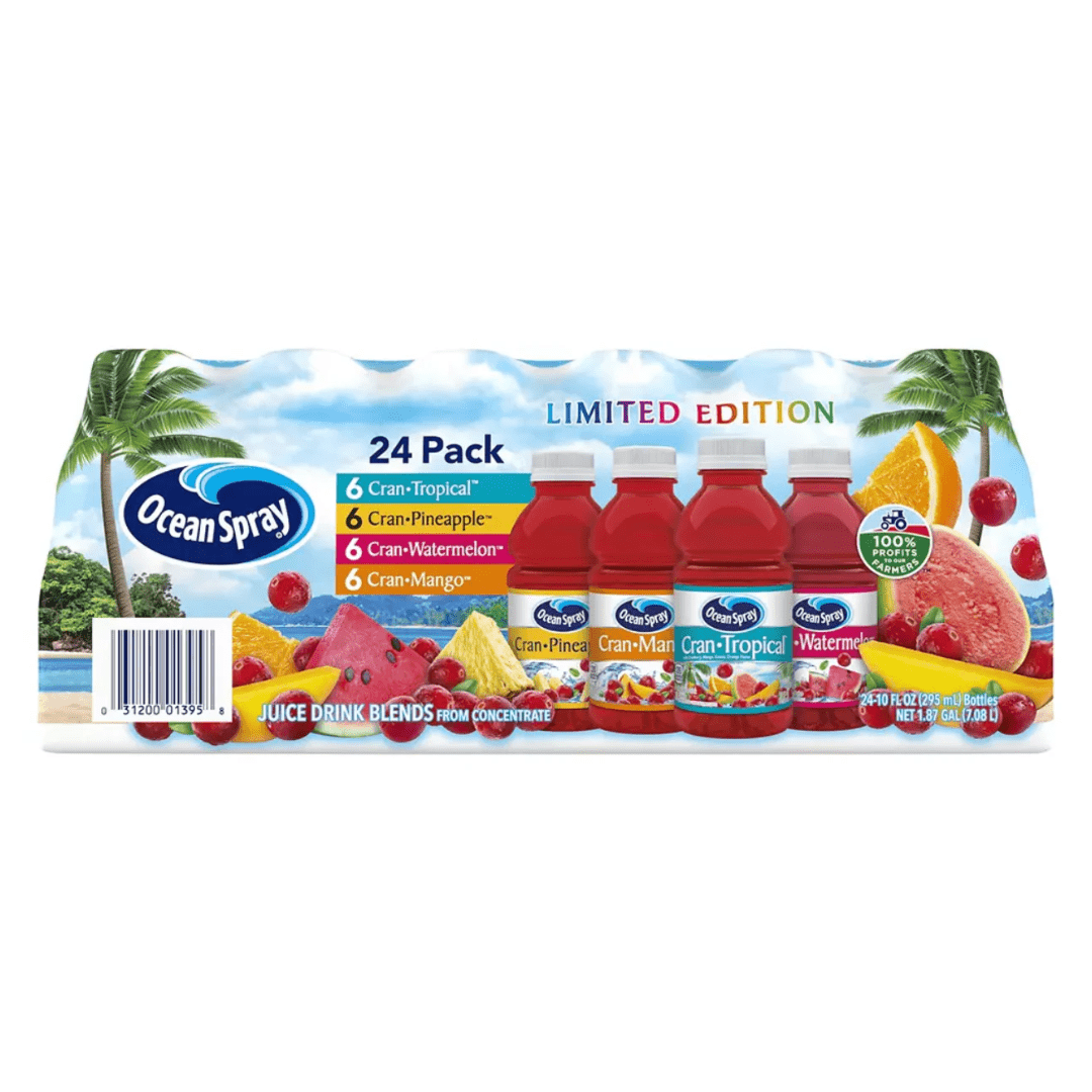 Front of Ocean Spray Cranberry Tropical Variety Pack featuring 24 bottles (295ml each) with flavours Cran-Tropical, Cran-Pineapple, Cran-Watermelon, and Cran-Mango.
