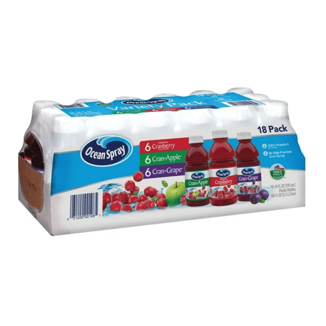 Front of Ocean Spray Cranberry Variety Pack showing 6 Cranberry, 6 Cran-Apple, and 6 Cran-Grape juice bottles in a plastic wrap (18 x 295ml pack)