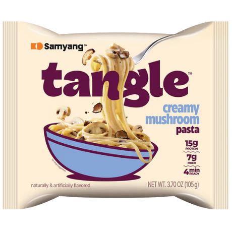 Front of Samyang Tangle Creamy Mushroom Flavour Pasta pack showing logo, creamy mushroom flavour text, and bowl of pasta image (105g)