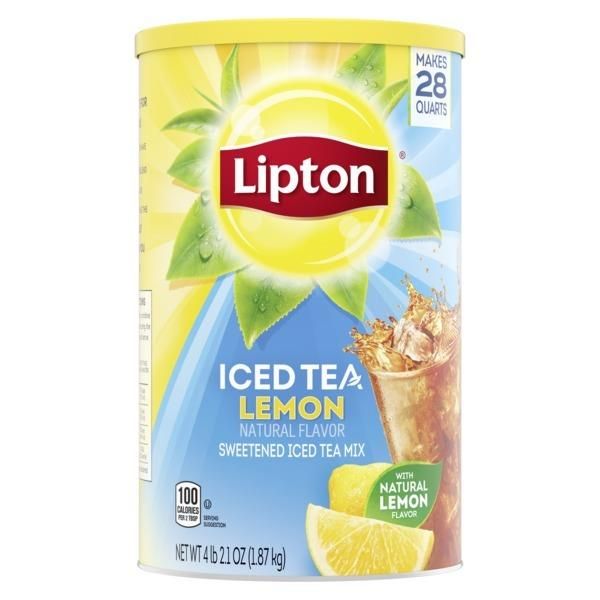 Front of Lipton Lemon Iced Tea Mix container showing bright logo, lemon flavour label, and 1.87kg pack size with image of iced tea in a glass.