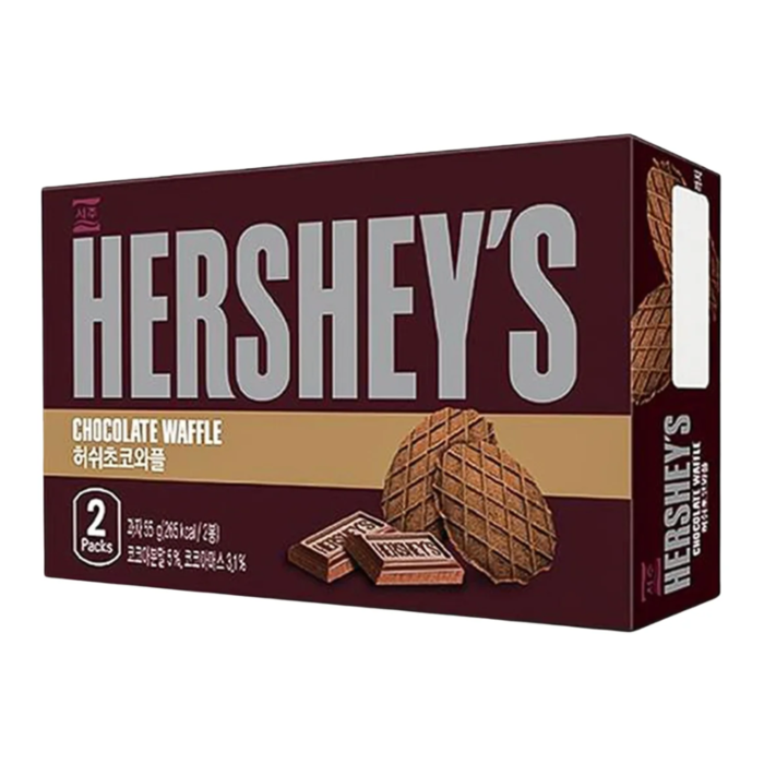 Front of Hershey's Chocolate Waffle box showing brand logo, chocolate waffle design, and packaging details (55g pack)