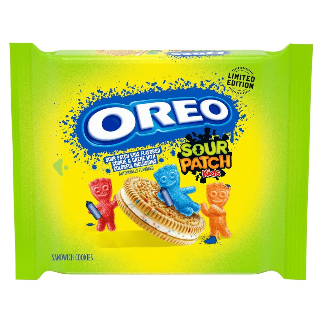 Front of Oreo Sour Patch Kids Limited Edition packaging showing vibrant colours, logo, and images of cookies and colourful gummy shapes (303g pack)