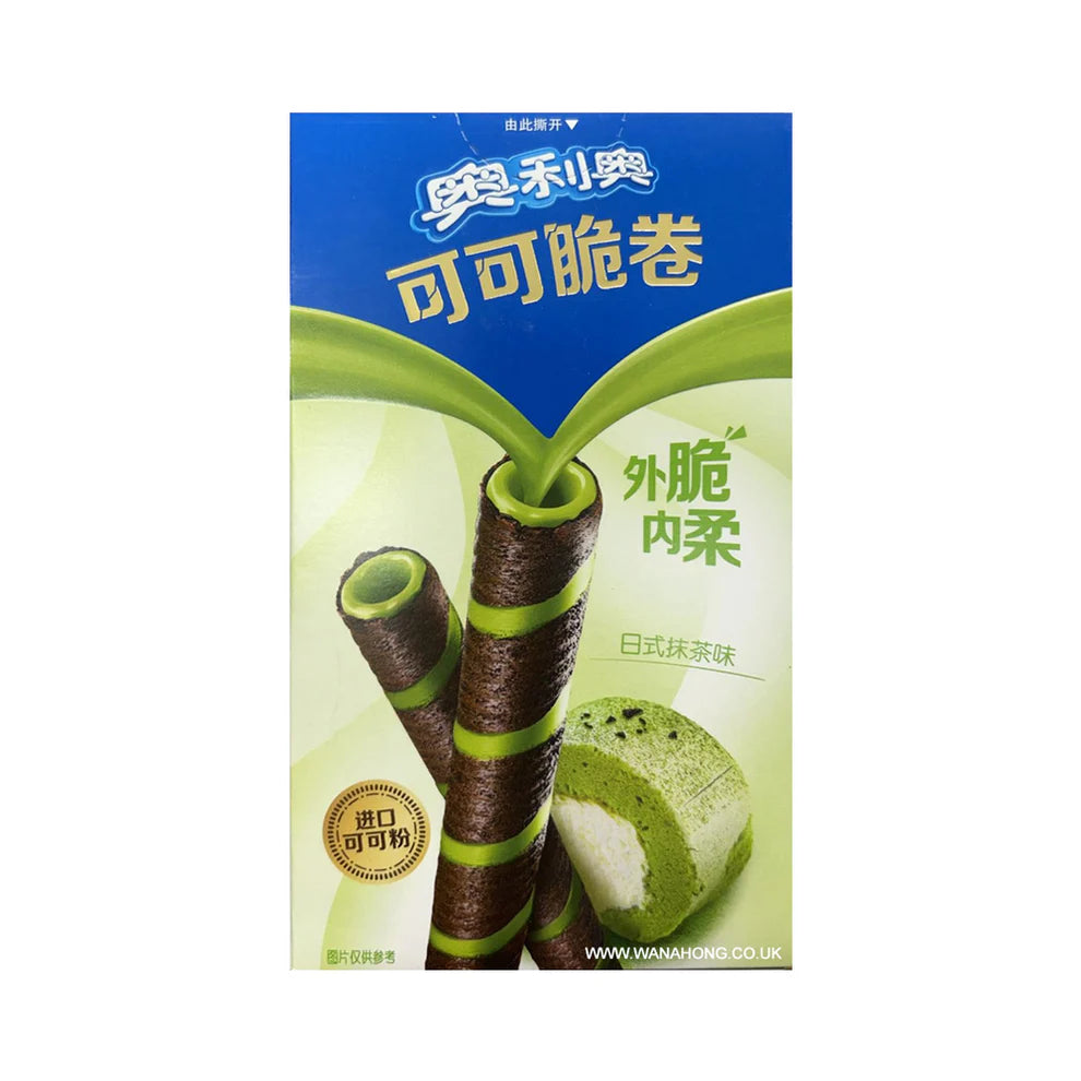 Front of Oreo Matcha Wafer Rolls package showing the product title, matcha flavour and images of wafer rolls (50g pack)