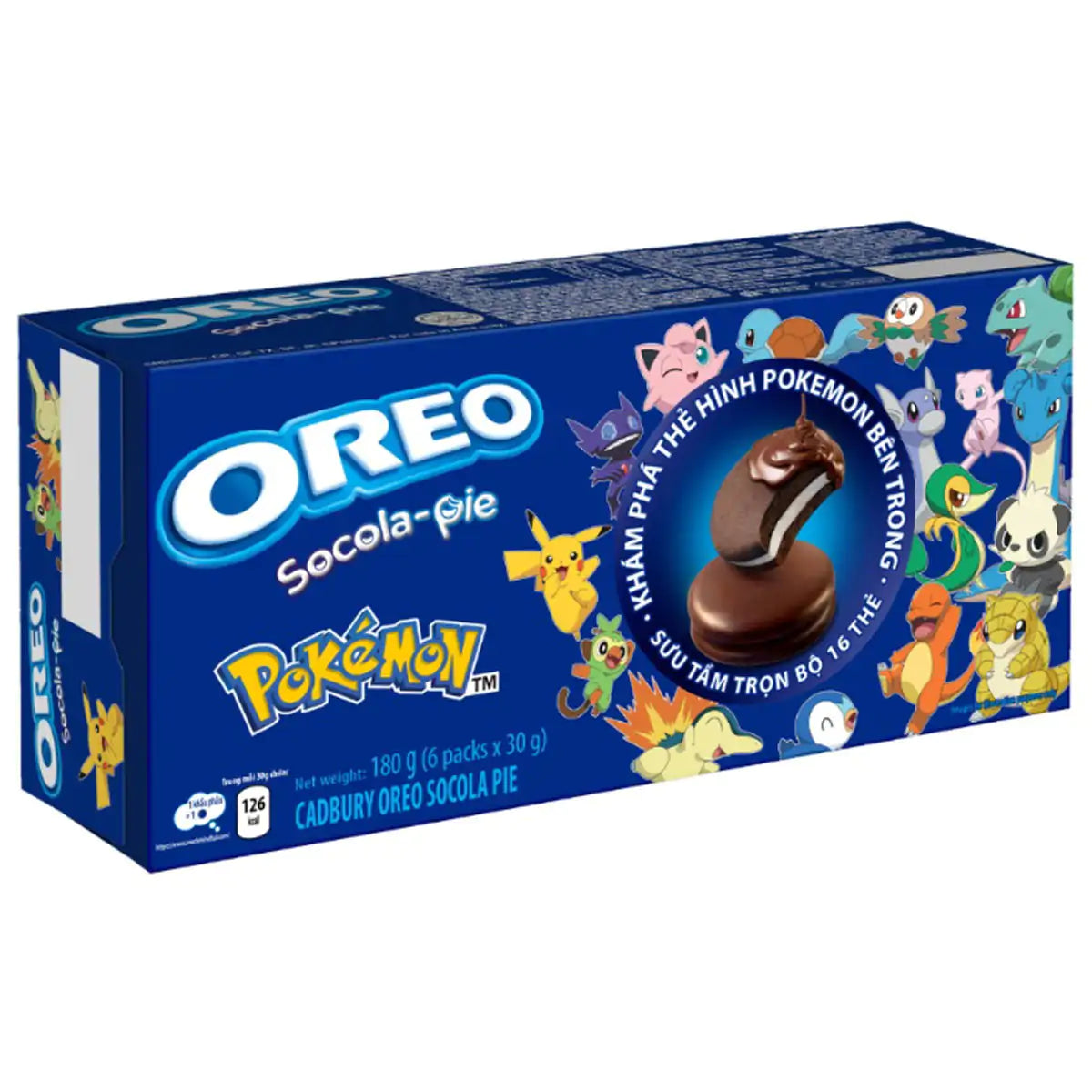 Front of Oreo Pokemon Socola Pie Cookies box showing blue logo, Pokémon characters, and chocolate pie cookies (180g pack)