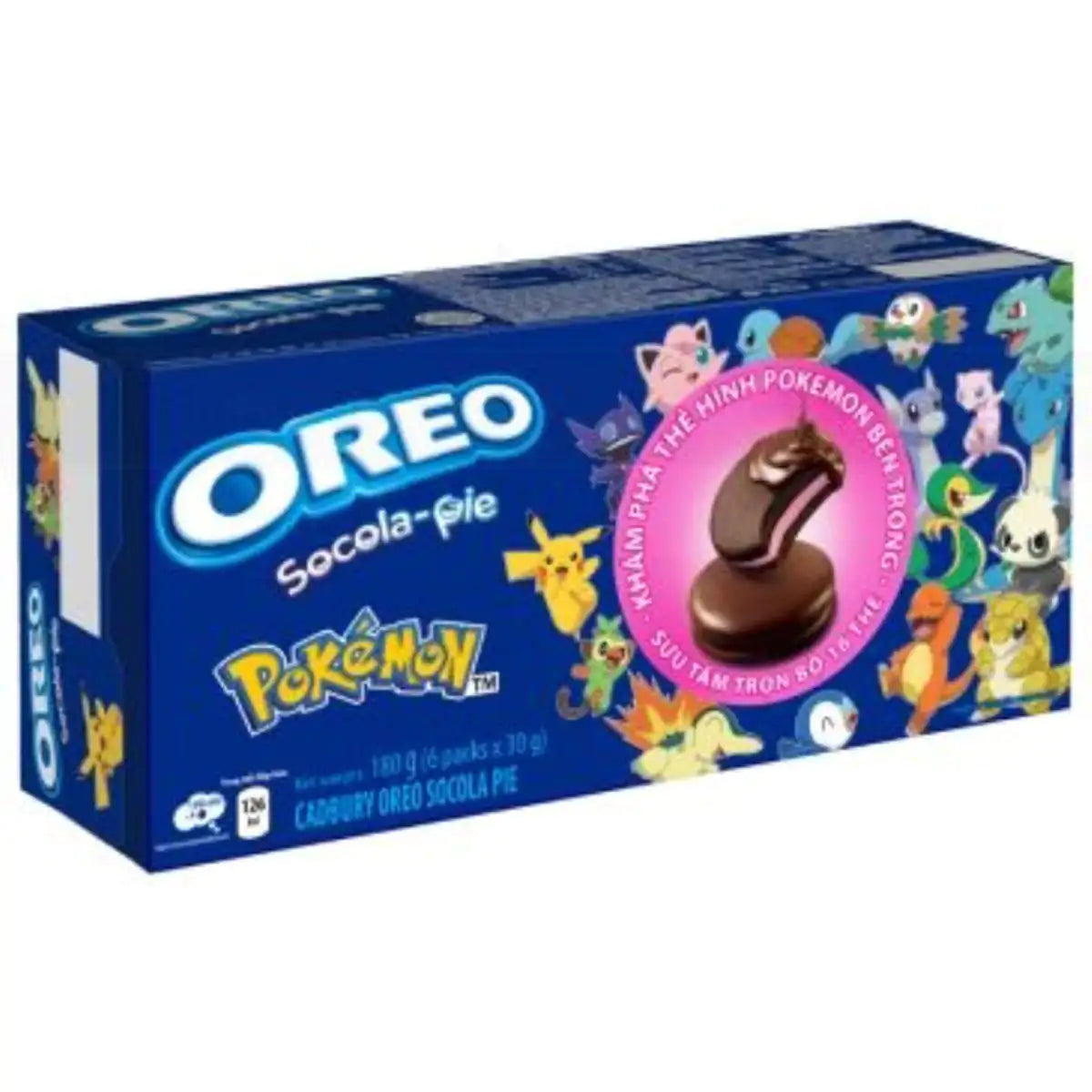 Front of Oreo Pokemon Strawberry Socola Pie Cookies box featuring the Oreo logo, colourful Pokémon characters, and details about the product (180g pack)