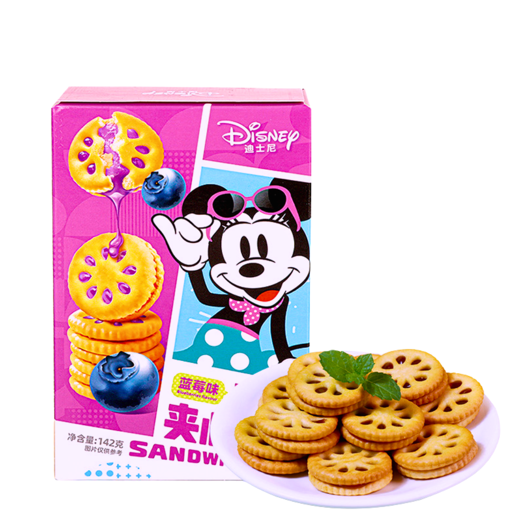 Front of Disney Jam Sandwich Cookie Blueberry box featuring colourful design, blueberry jam-filled cookies, and pack size of 142g.