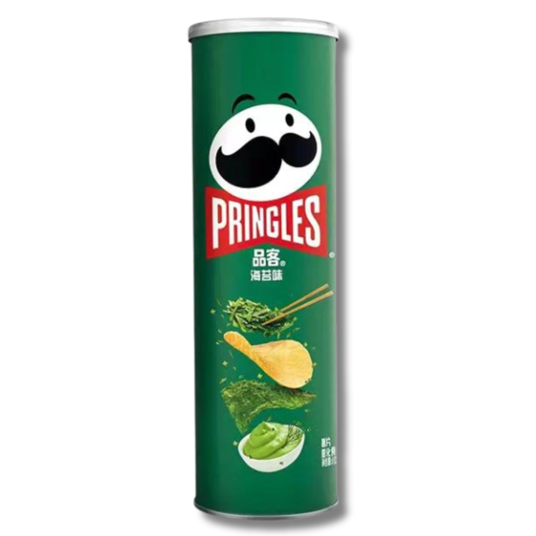 Front of Pringles Seaweed 110g tub displaying the Pringles logo, seaweed flavour graphics, and an image of a crisp.