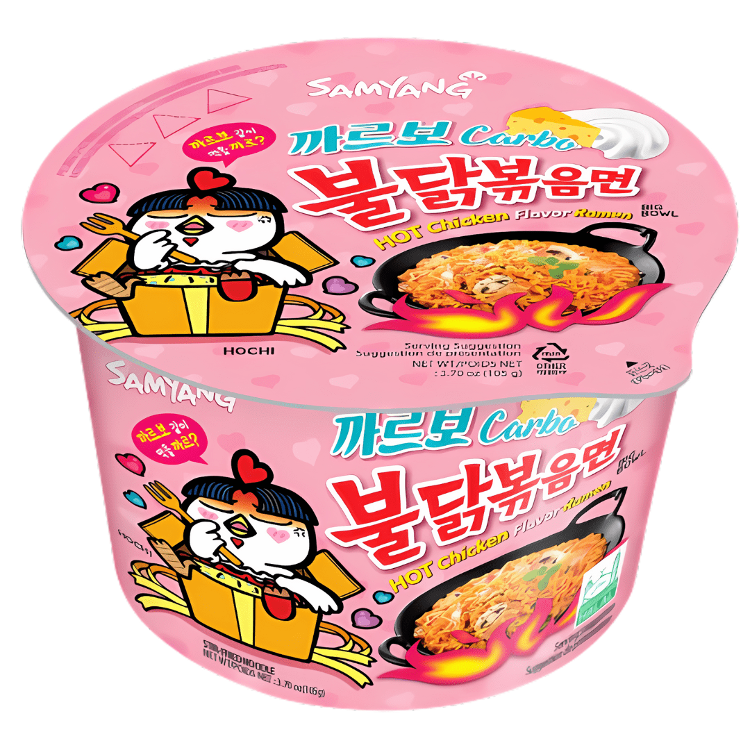 Front of Samyang Buldak Ramen Carbonara Flavour Big Bowl showing logo, carbonara flavour label, and image of noodles in a bowl (105g)