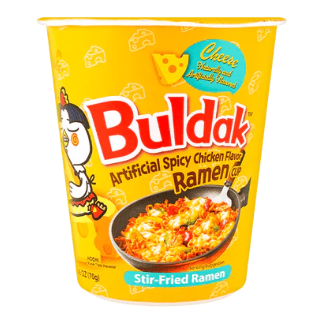 Front of Samyang Buldak Ramen Cheese Flavour Cup (70g) featuring a bright yellow design, cheese flavour text, and a serving suggestion of stir-fried ramen.