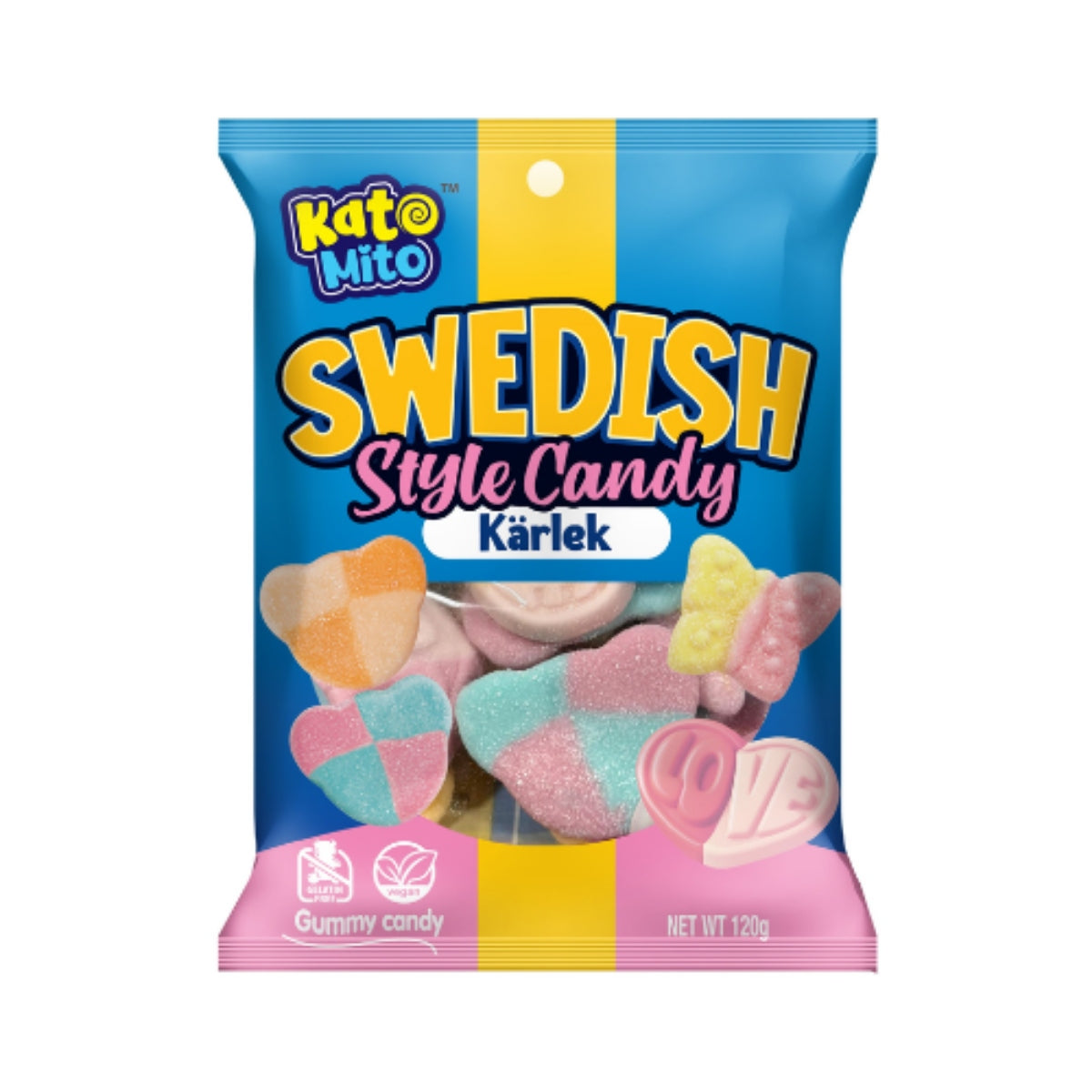 Front of Kato Mito Swedish Style Love Candy bag featuring colourful gummy shapes and "Love" candy, in a 120g pack