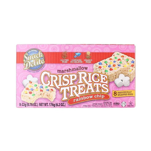 Front of Snack Delite Rainbow Chip Crisp Rice Treats box showing bright pink packaging, marshmallow rice treats, colourful rainbow chips, and 8 individually wrapped bars (176g pack)