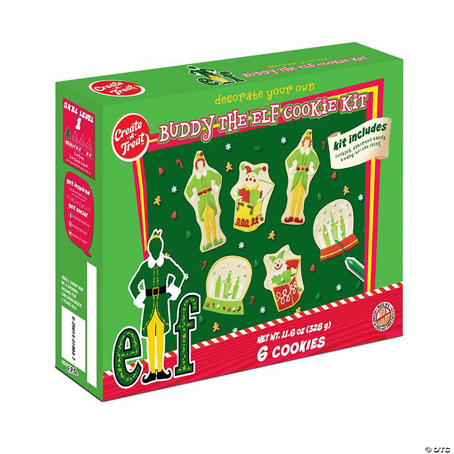 Front of Buddy The Elf Decorate Your Own Holiday Cookie Kit showing colourful cookie shapes and festive decorations (328g)